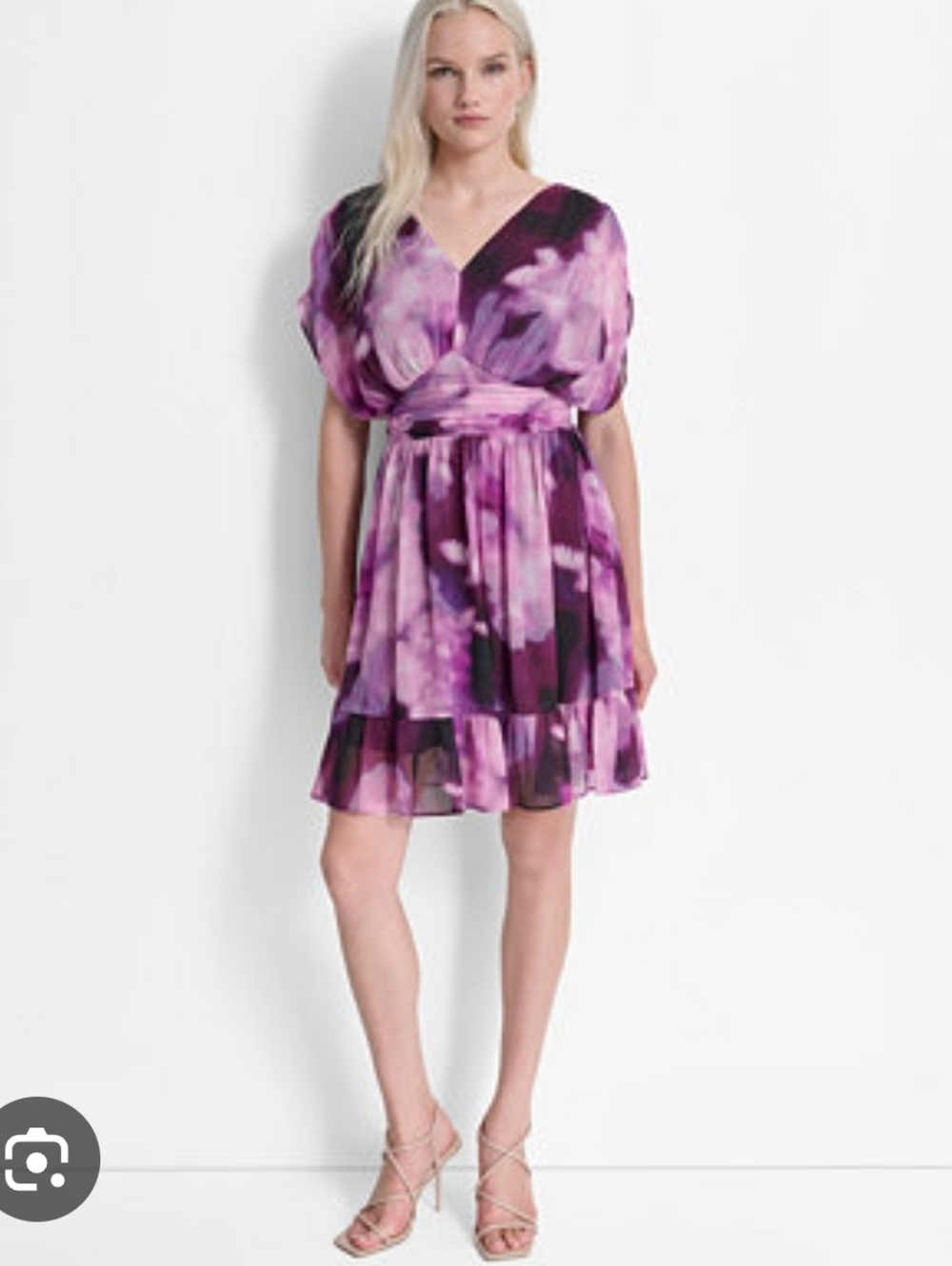 DKNY Purple Pink Abstract Print Women Dress V-Neck Flutter Sleeve Tiered Size 4